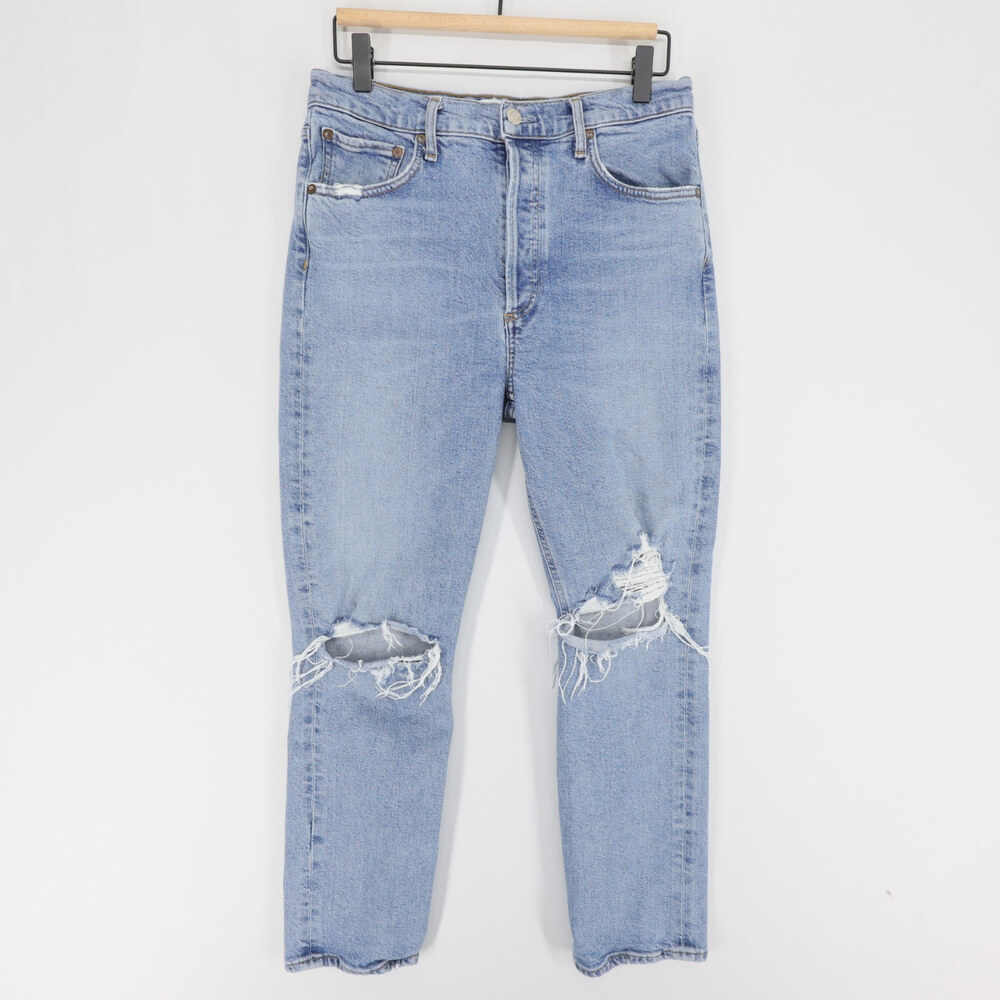 AGOLDE Riley Jeans Womens 29 Blue High Rise Straight Crop Distressed Button Fly